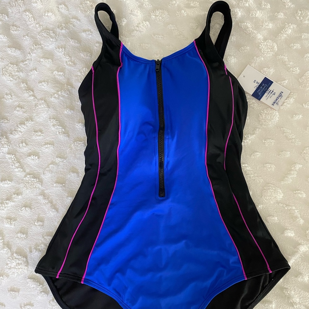 Swimsuits For All Black Fuschia and Blue Zip Front One Piece